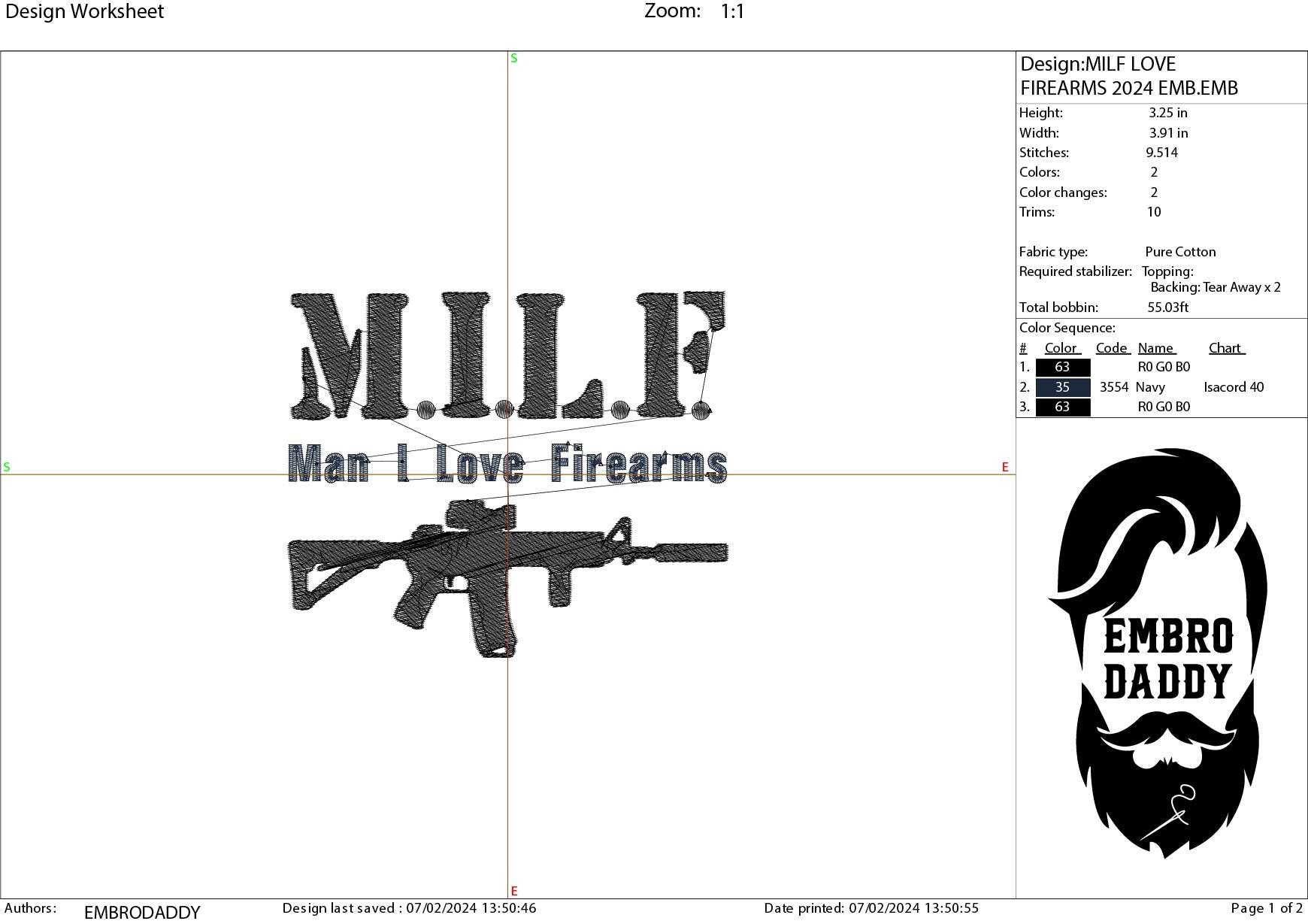 Machine Embroidery files, MILF, Man I Love Firearms, PES, dst, xxx, hus & more