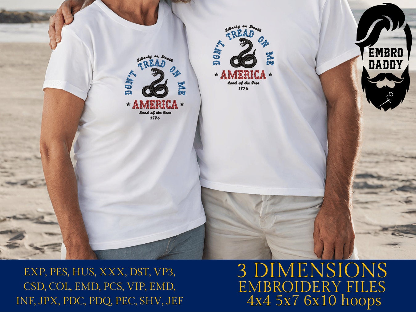 Machine Embroidery files, Don't tread on me, America land of the free, PES, xxx, hus, dst & more