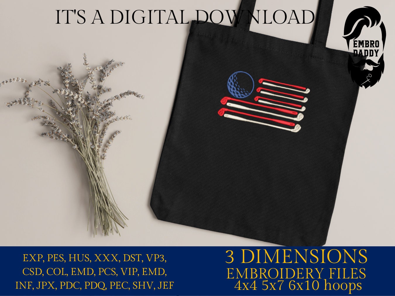Machine Embroidery files, Golf Usa flag, PES, DST, hus & more