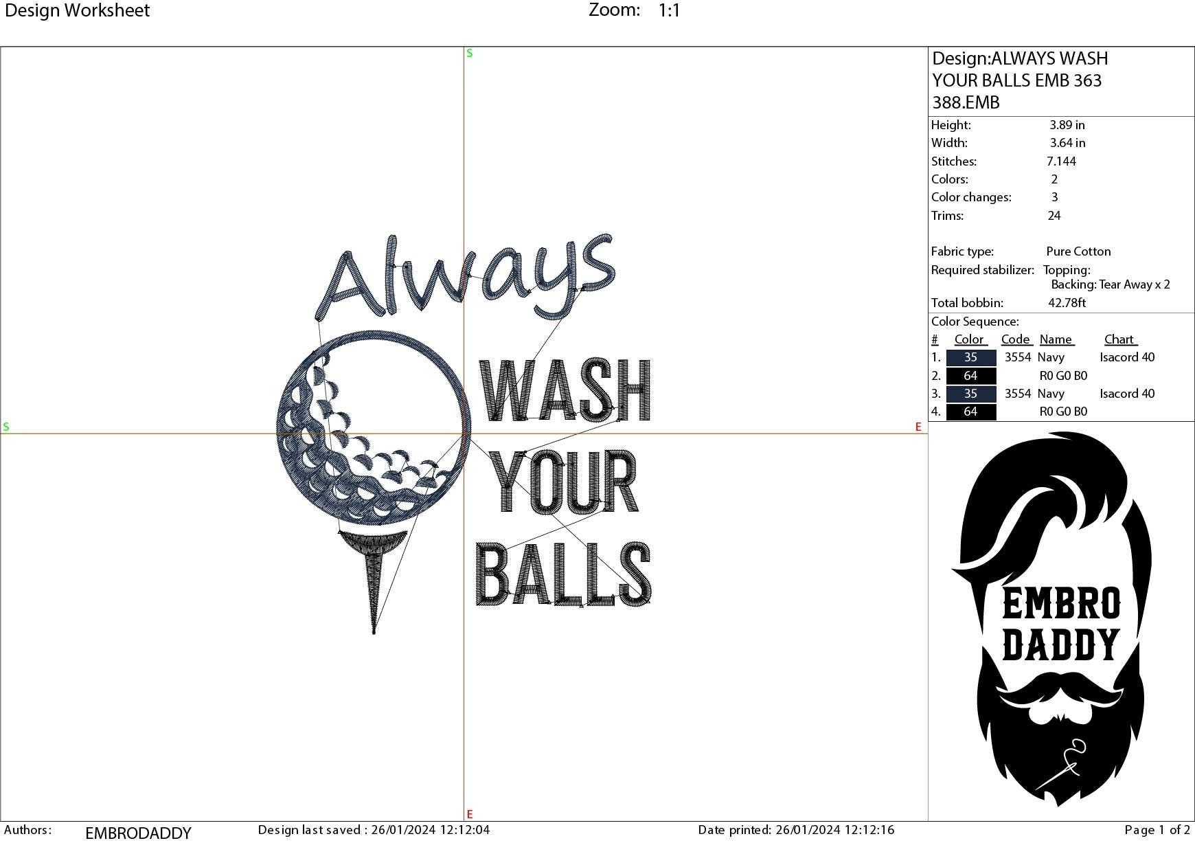 Machine Embroidery files, always wash your balls, golf, PES, DST, hus & more