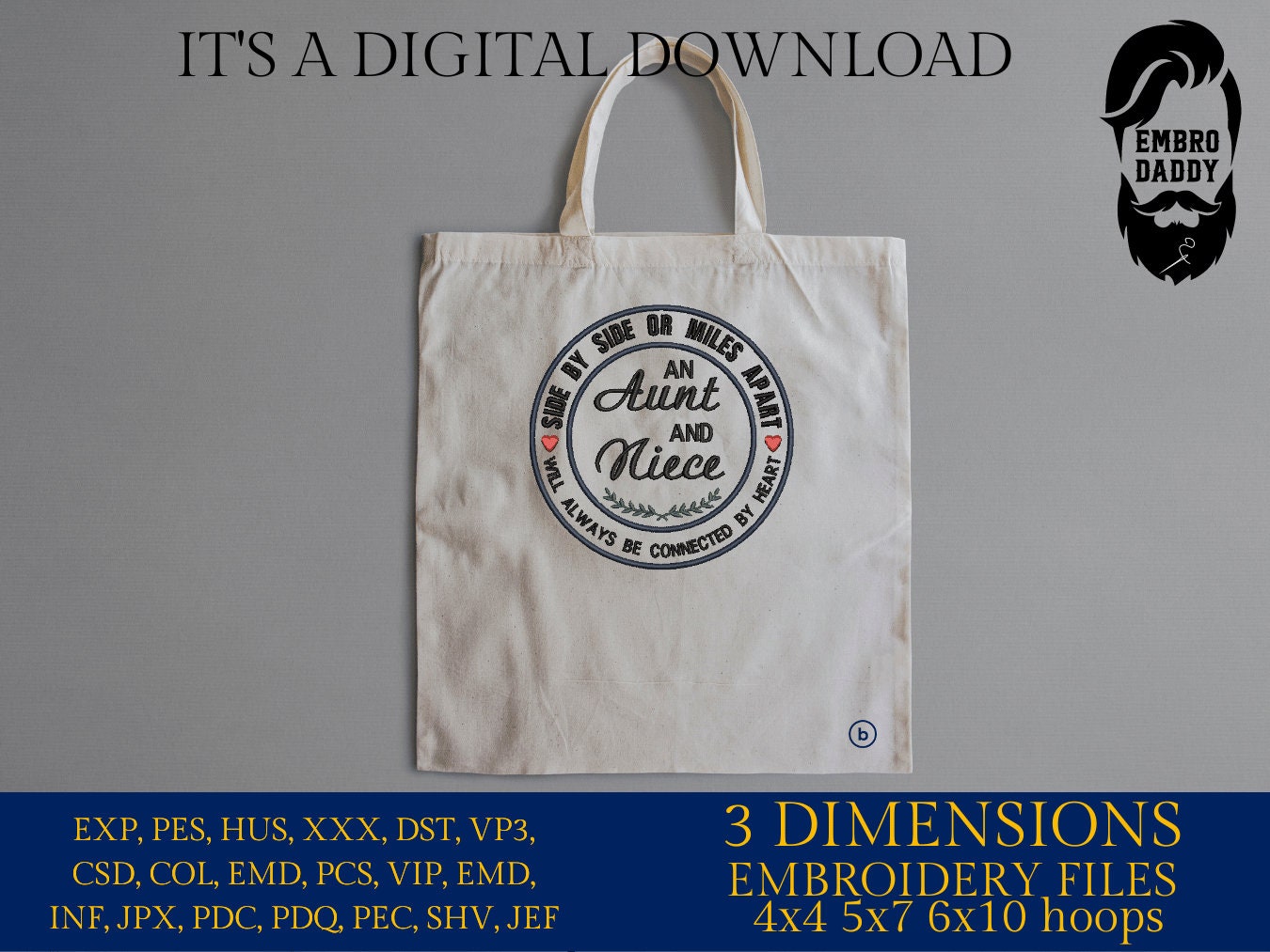 Machine Embroidery files, side by side or miles apart an Aunt and Niece, embroidery files, PES, xxx, hus & more, embroidery files