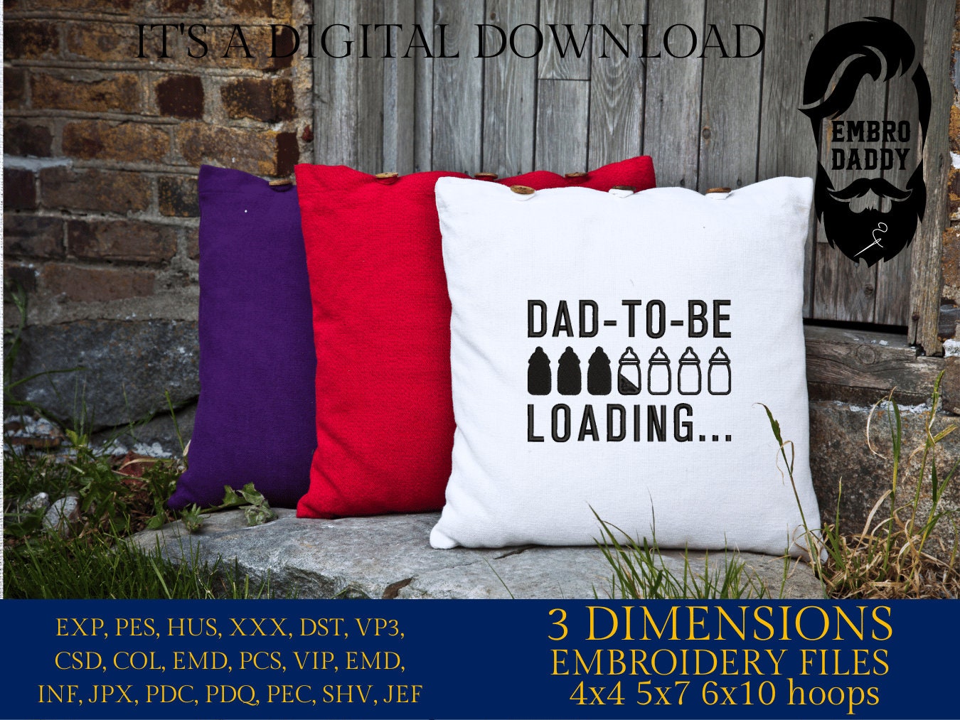 Machine embroidery files, dad to be loading...., PES, DST, hus & more