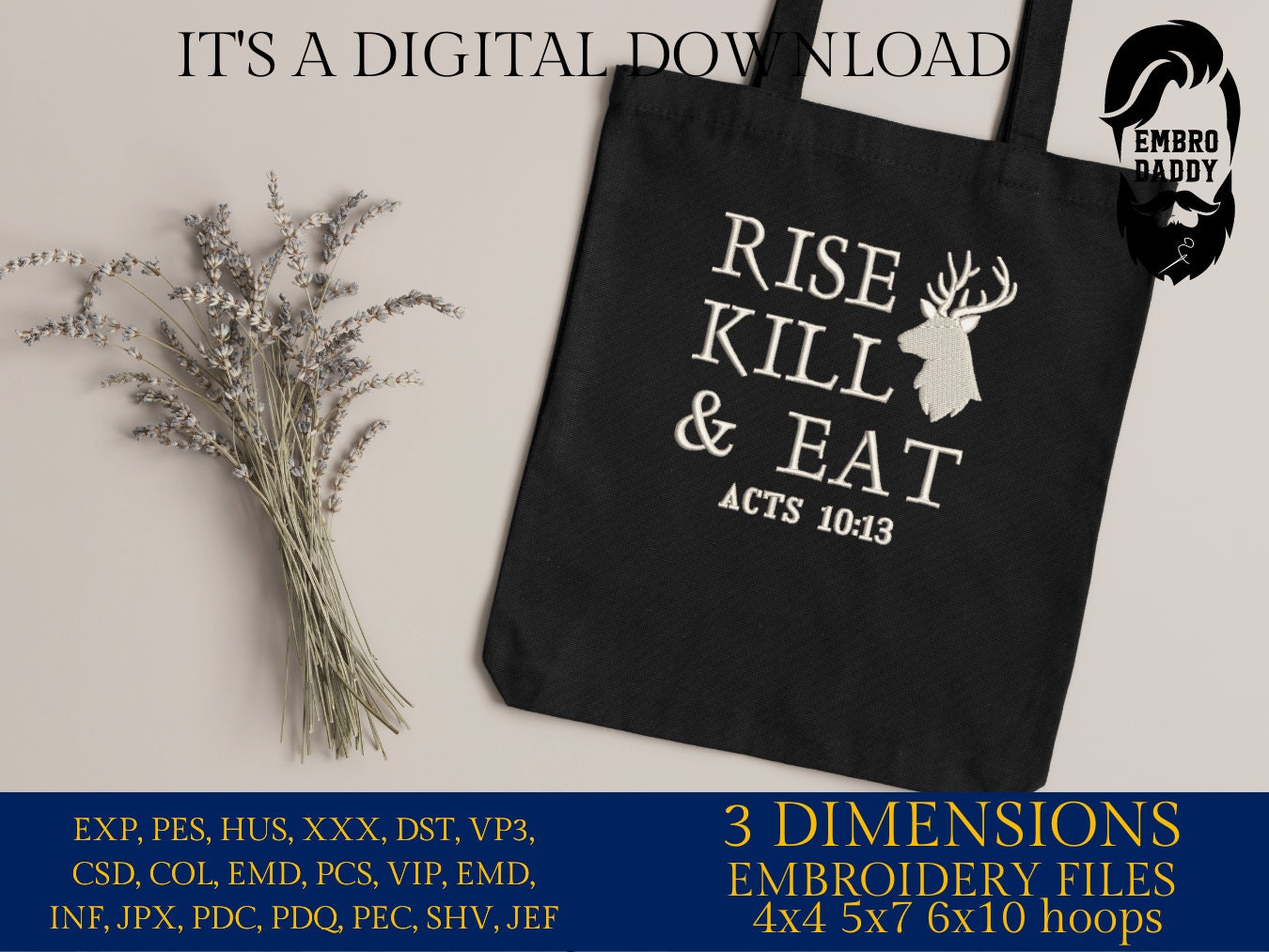 Machine Embroidery files, rise kill & eat, PES, DST, xxx, hus and more