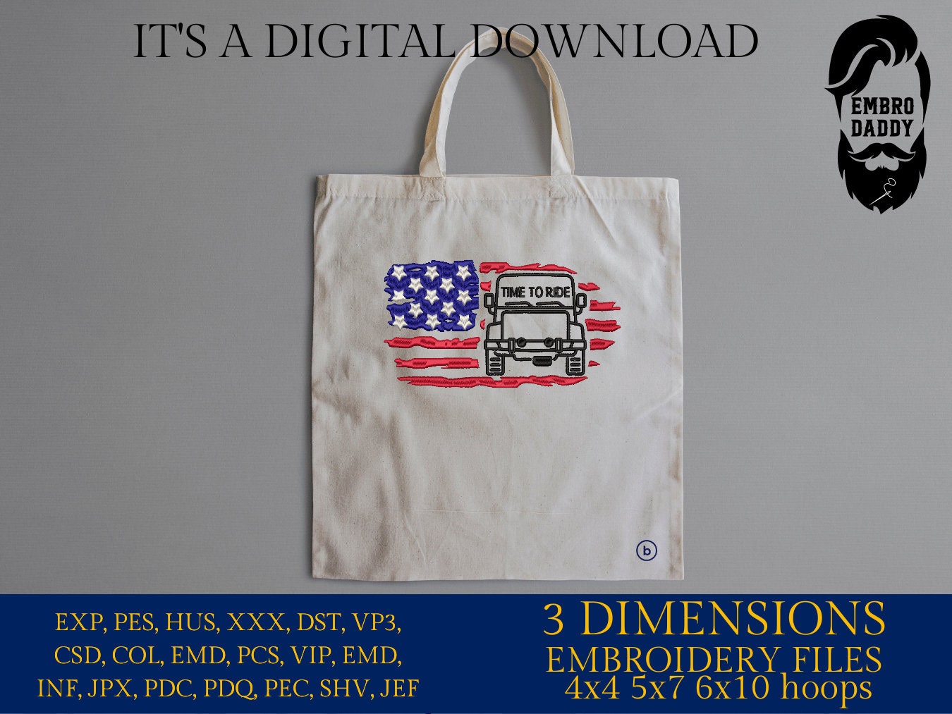 Machine Embroidery files, USA flag, time to ride, Off road car, PES, xxx, dst, hus & more