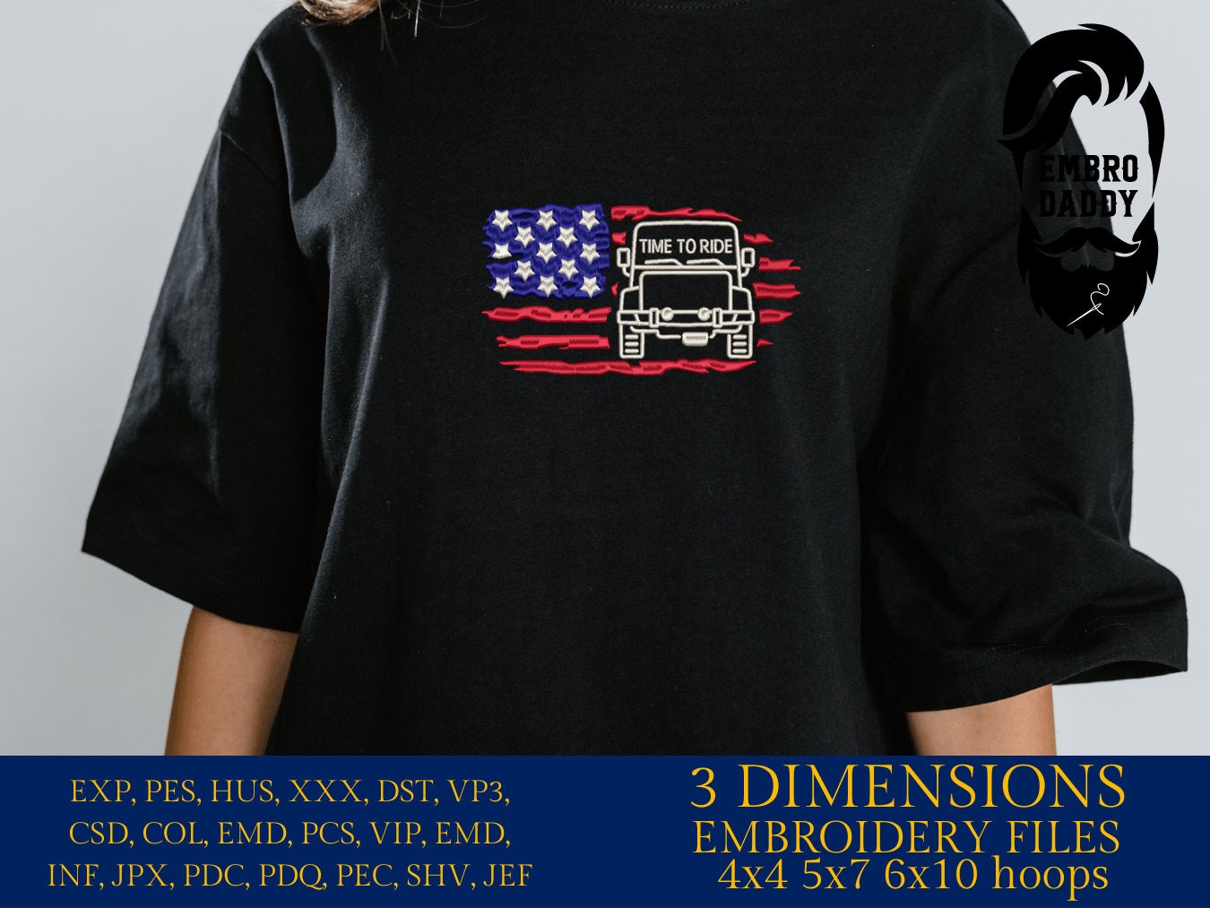 Machine Embroidery files, USA flag, time to ride, Off road car, PES, xxx, dst, hus & more