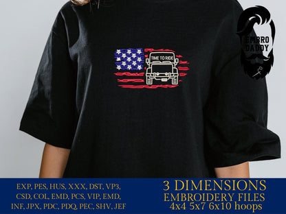 Machine Embroidery files, USA flag, time to ride, Off road car, PES, xxx, dst, hus & more