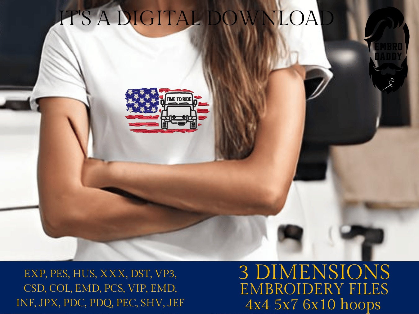 Machine Embroidery files, USA flag, time to ride, Off road car, PES, xxx, dst, hus & more