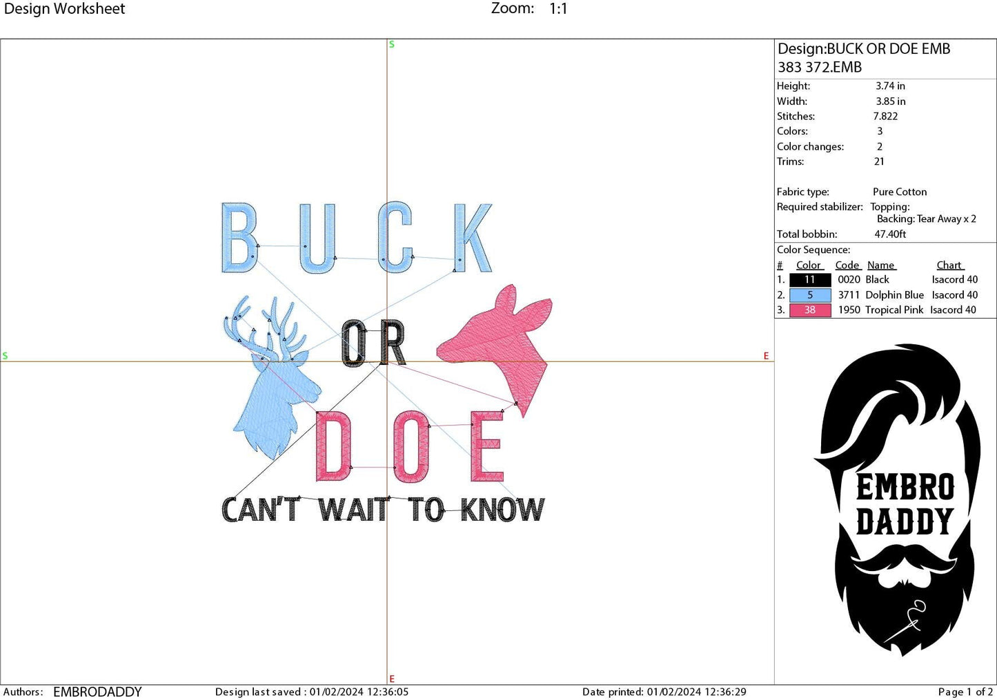 Machine embroidery files, buck or doe can't wait to know, PES, DST, hus & more