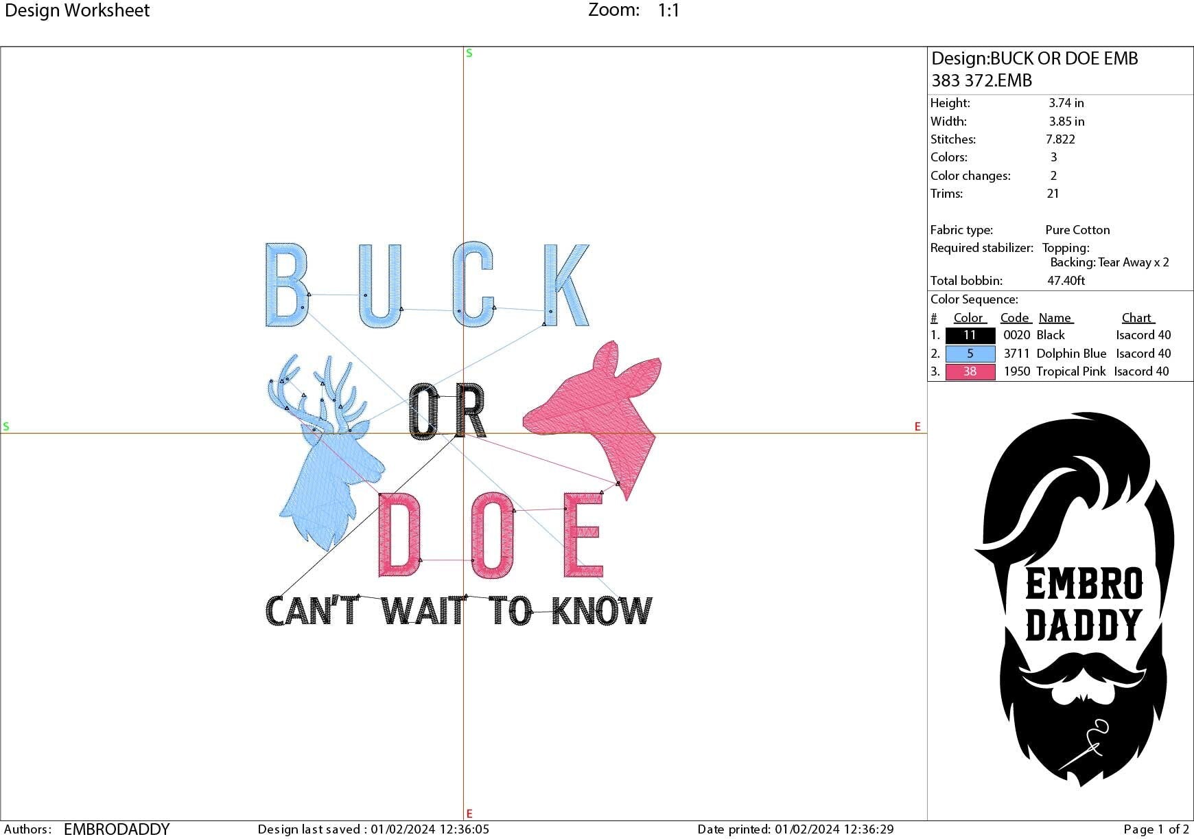 Machine embroidery files, buck or doe can't wait to know, PES, DST, hus & more