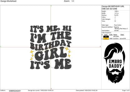 Machine Embroidery files, Birthday girl, PES, dst, vip, xxx, hus & more