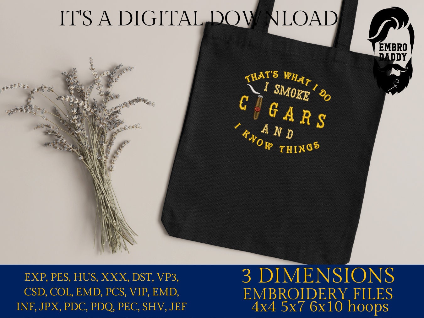 Machine Embroidery files, smoke cigars and I know things, cigar smoker, DST, PES, xxx, hus, dst & more