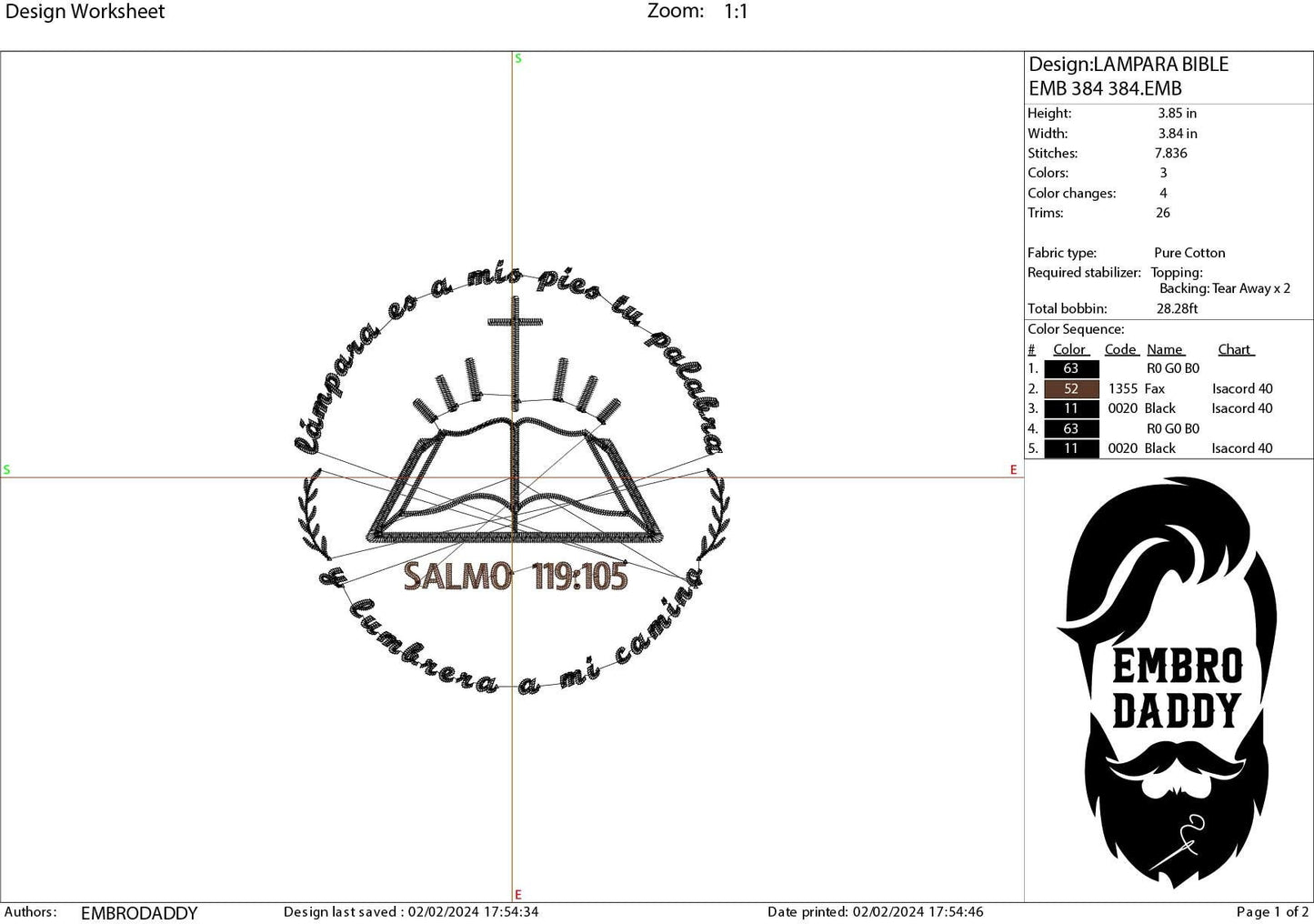 Machine Embroidery files, Salmo 119:105 , Lampara es a mis pies tu palabra y lumbrera a mi camino, Biblia, PES, DST, xxx, hus & more