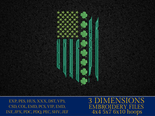 Machine Embroidery files, Usa flag shamrock, PES, DST, xxx, hus & more