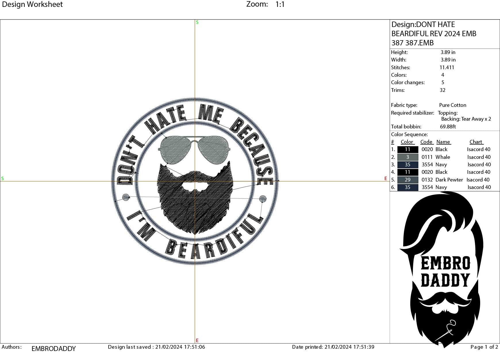 Machine Embroidery files, don't hate me because I'm beardiful, DST PES, xxx hus & more