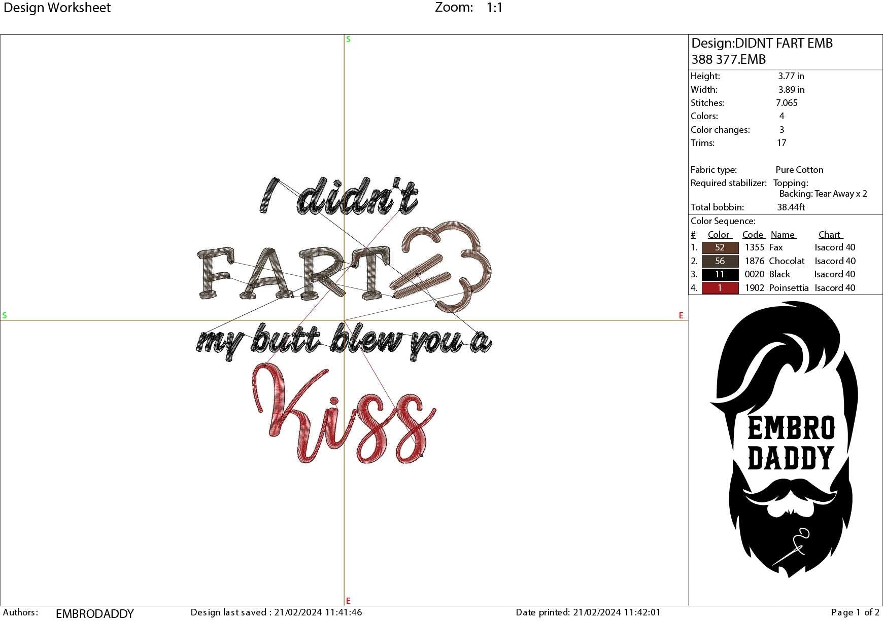 Machine Embroidery files, I didn't fart my butt blew you a kiss, DST, PES, xxx, hus & more, father's day