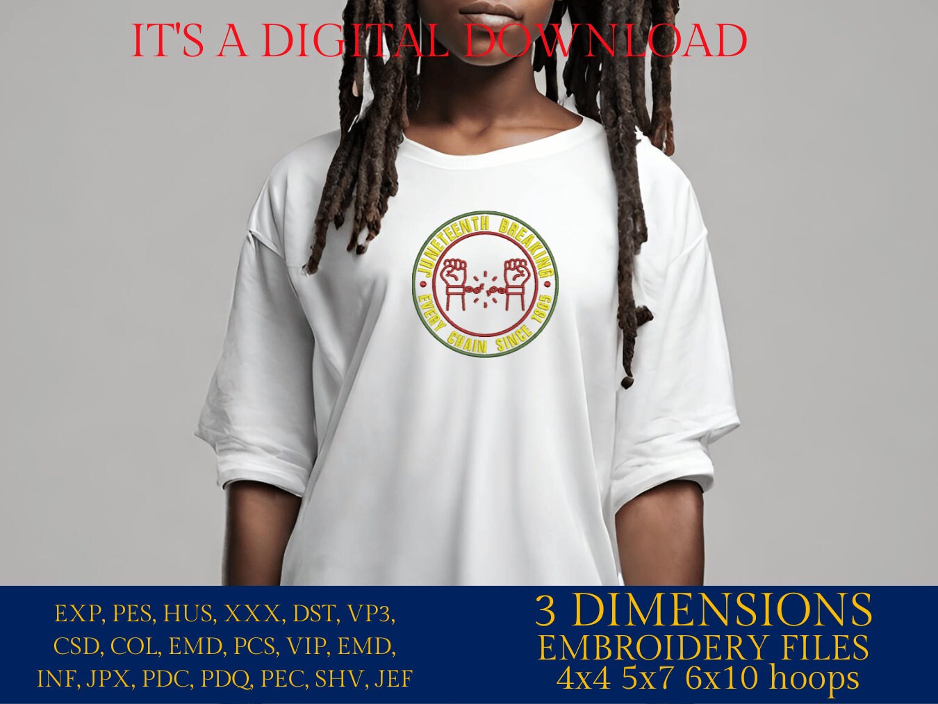 Machine Embroidery files, Juneteenth Breaking every chain since 1865, PES, hus, dst, vp3 & more