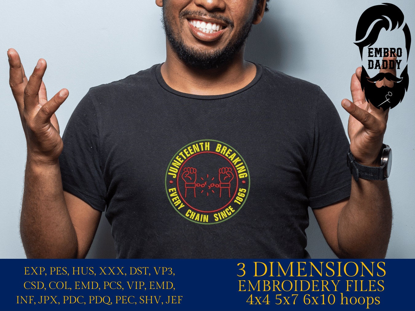 Machine Embroidery files, Juneteenth Breaking every chain since 1865, PES, hus, dst, vp3 & more