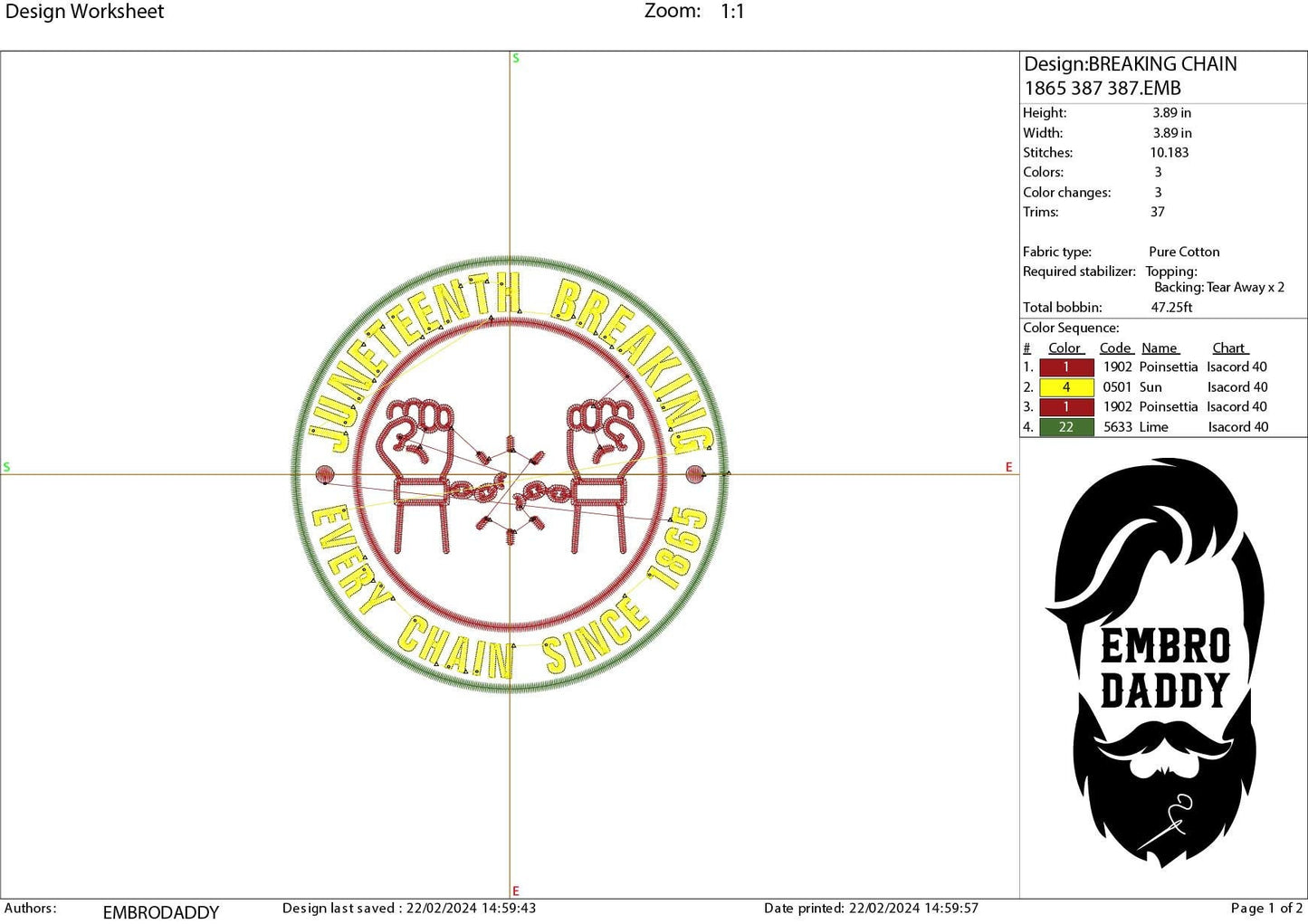 Machine Embroidery files, Juneteenth Breaking every chain since 1865, PES, hus, dst, vp3 & more