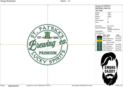 Machine Embroidery files, St. Patrick Brewing, PES, DST, xxx, hus & more