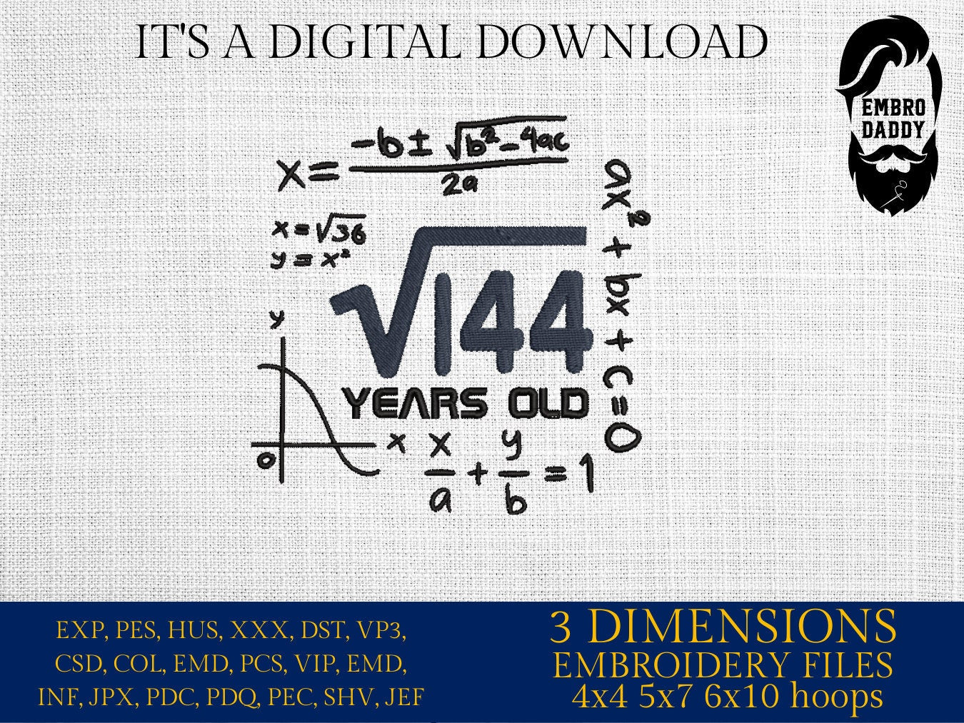 Machine Embroidery files, 12 th birthday, Math, square roots, PES, DST, xxx, hus & more