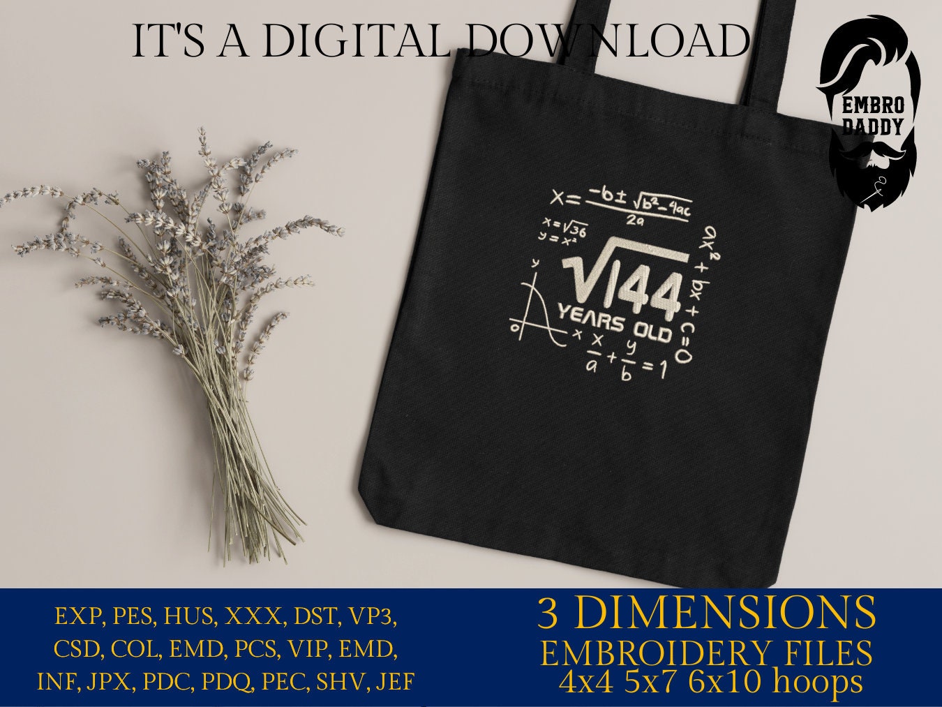 Machine Embroidery files, 12 th birthday, Math, square roots, PES, DST, xxx, hus & more