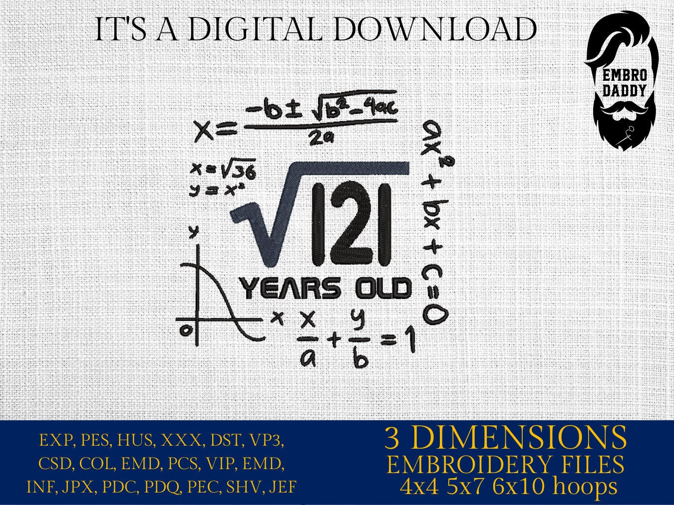 Machine Embroidery files, 11 th birthday, Math, eleven, square roots, PES, DST, xxx, hus & more