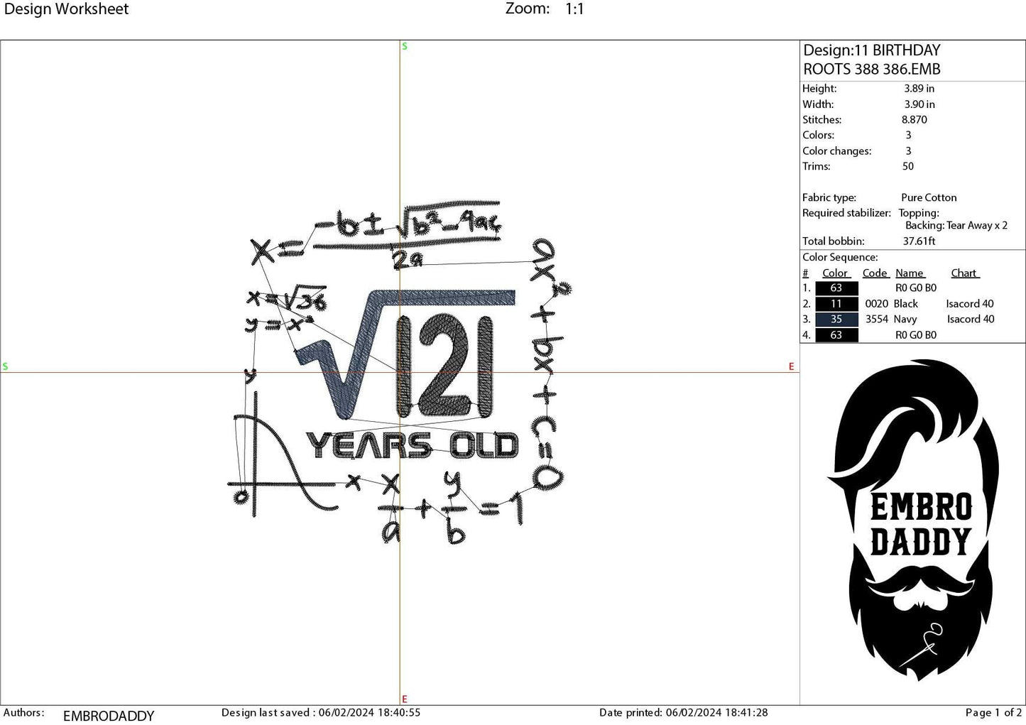 Machine Embroidery files, 11 th birthday, Math, eleven, square roots, PES, DST, xxx, hus & more
