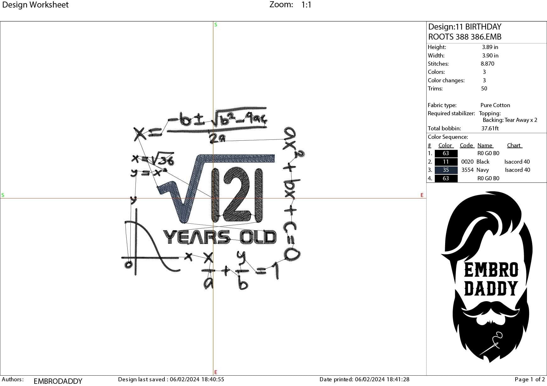 Machine Embroidery files, 11 th birthday, Math, eleven, square roots, PES, DST, xxx, hus & more