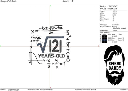 Machine Embroidery files, 11 th birthday, Math, eleven, square roots, PES, DST, xxx, hus & more