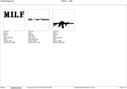 Machine Embroidery files, MILF, Man I Love Firearms, PES, dst, xxx, hus & more