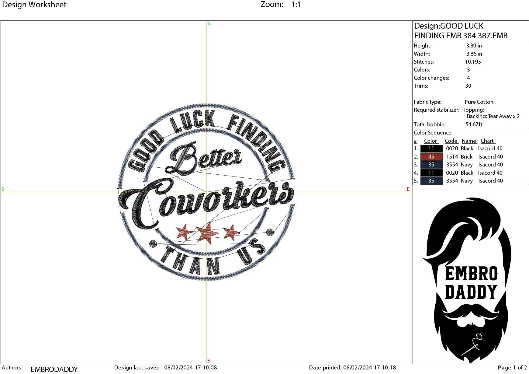 Machine Embroidery files, good luck finding better coworkers, PES, xxx, hus & more, embroidery files