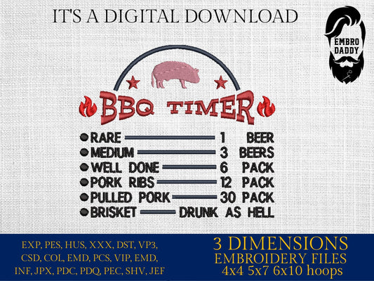 Machine Embroidery files, BBQ timer, drink, funny, dst, PES, hus & more