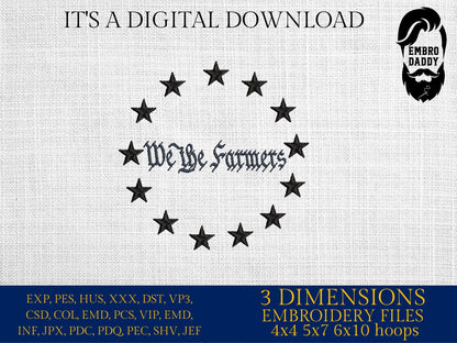 Machine embroidery files, We the Farmers, PES, DST, hus & more