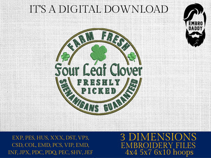 Machine Embroidery files, Four Leaf Clover, St. Patrick day, PES, DST, xxx, hus & more