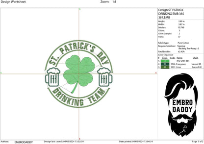 Machine Embroidery files, St. Patrick day drinking team, PES, DST, xxx, hus & more