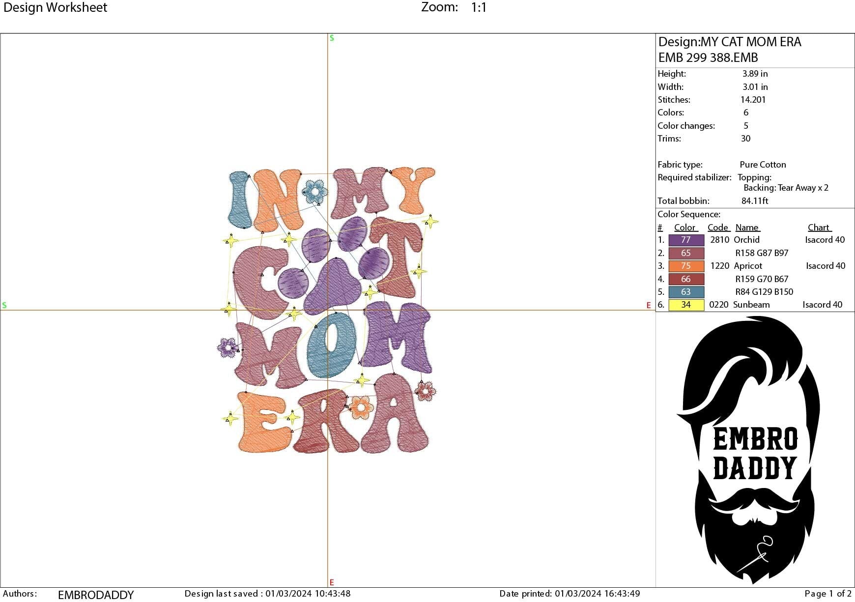 Machine embroidery files, In my cat mom era, Embroidery Pattern File in PES, DST, hus & more