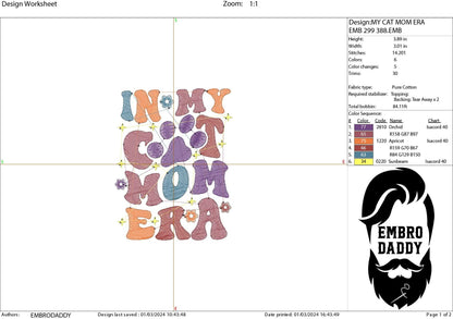 Machine embroidery files, In my cat mom era, Embroidery Pattern File in PES, DST, hus & more