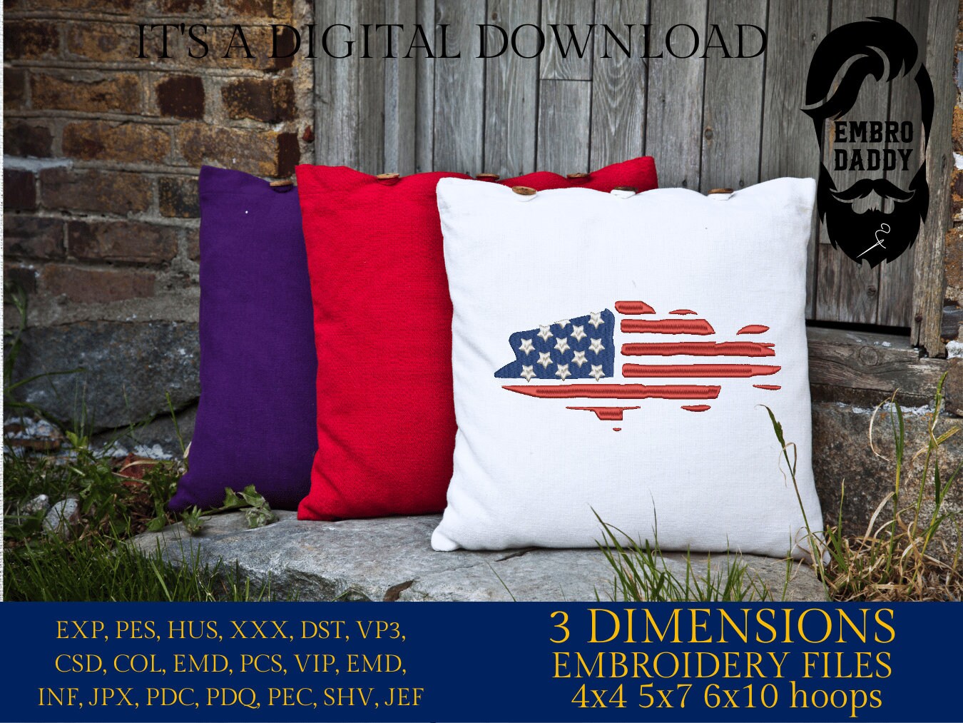 Machine Embroidery files, Bass fish USA flag, American Flag, PES, DST, xxx, hus & more