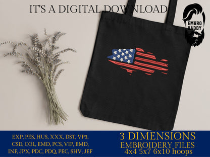 Machine Embroidery files, Bass fish USA flag, American Flag, PES, DST, xxx, hus & more