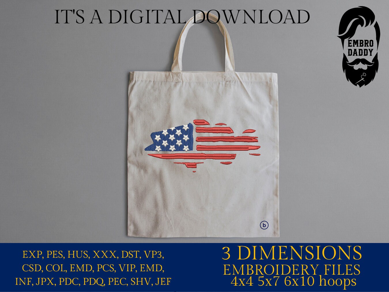 Machine Embroidery files, Bass fish USA flag, American Flag, PES, DST, xxx, hus & more