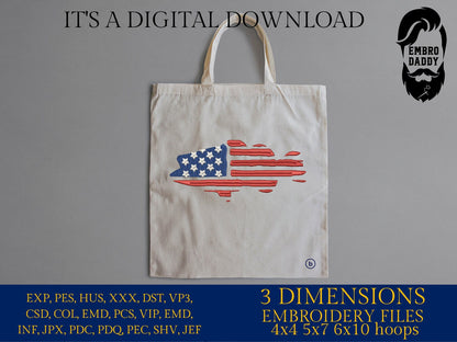 Machine Embroidery files, Bass fish USA flag, American Flag, PES, DST, xxx, hus & more