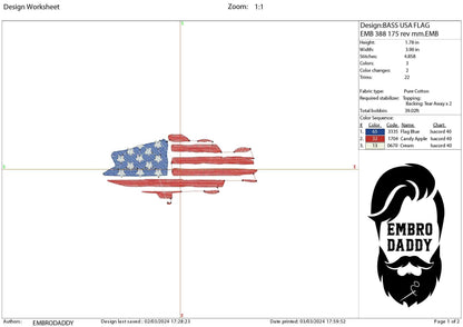 Machine Embroidery files, Bass fish USA flag, American Flag, PES, DST, xxx, hus & more