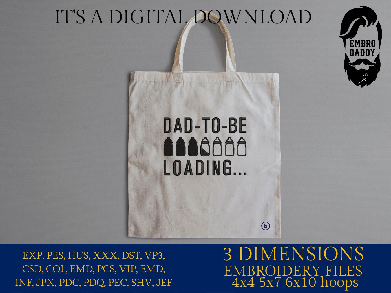 Machine embroidery files, dad to be loading...., PES, DST, hus & more