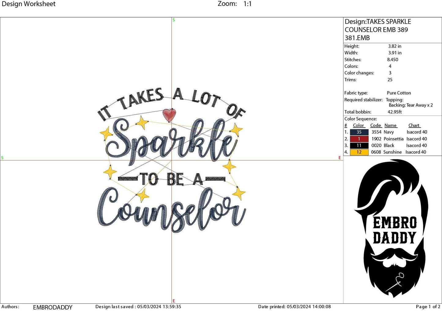 Machine Embroidery files, It takes a lot of Sparkle to be a Counselor, PES, xxx, hus & more, embroidery files