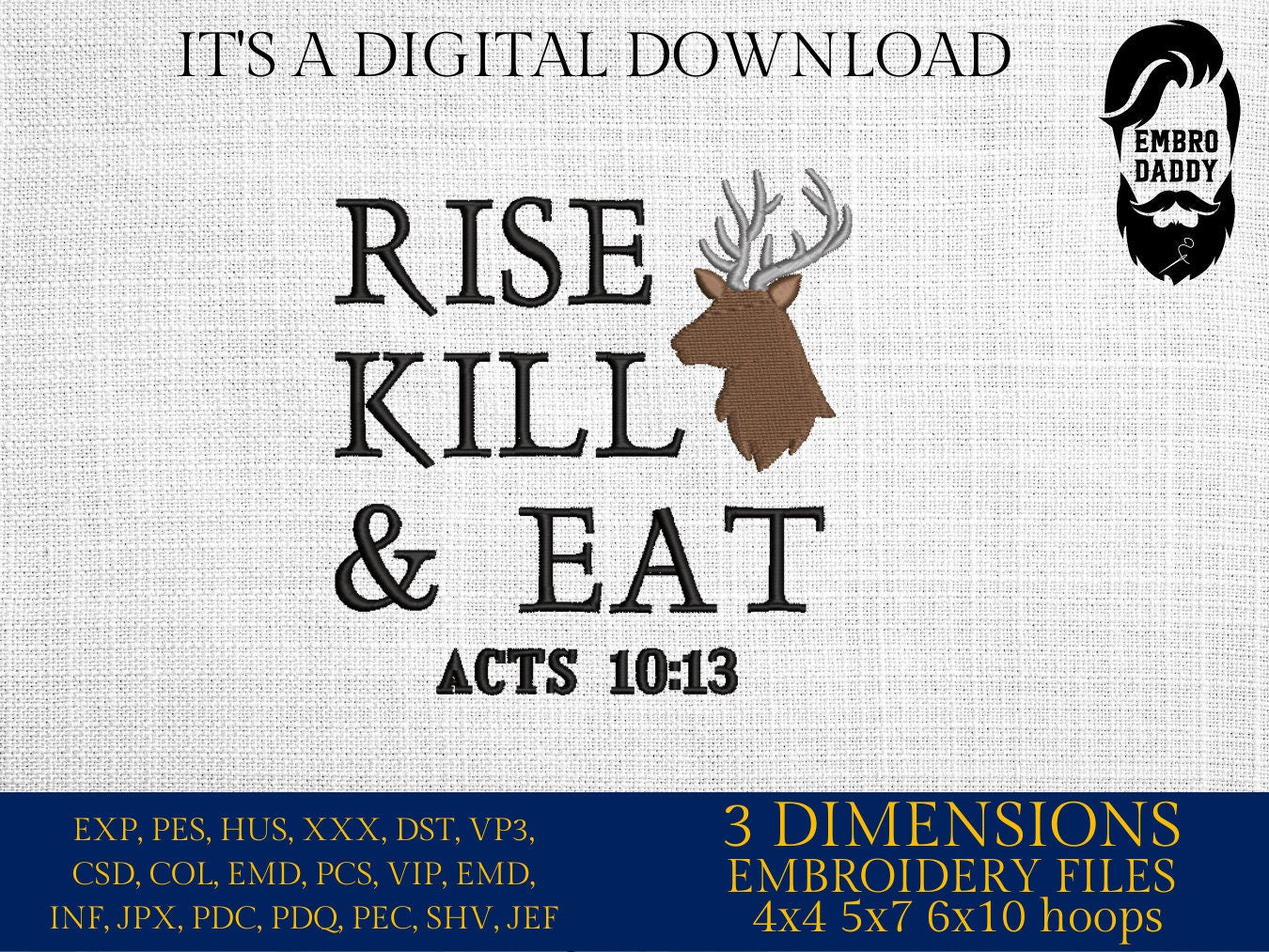 Machine Embroidery files, rise kill & eat, PES, DST, xxx, hus and more