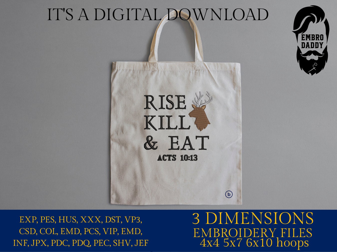 Machine Embroidery files, rise kill & eat, PES, DST, xxx, hus and more