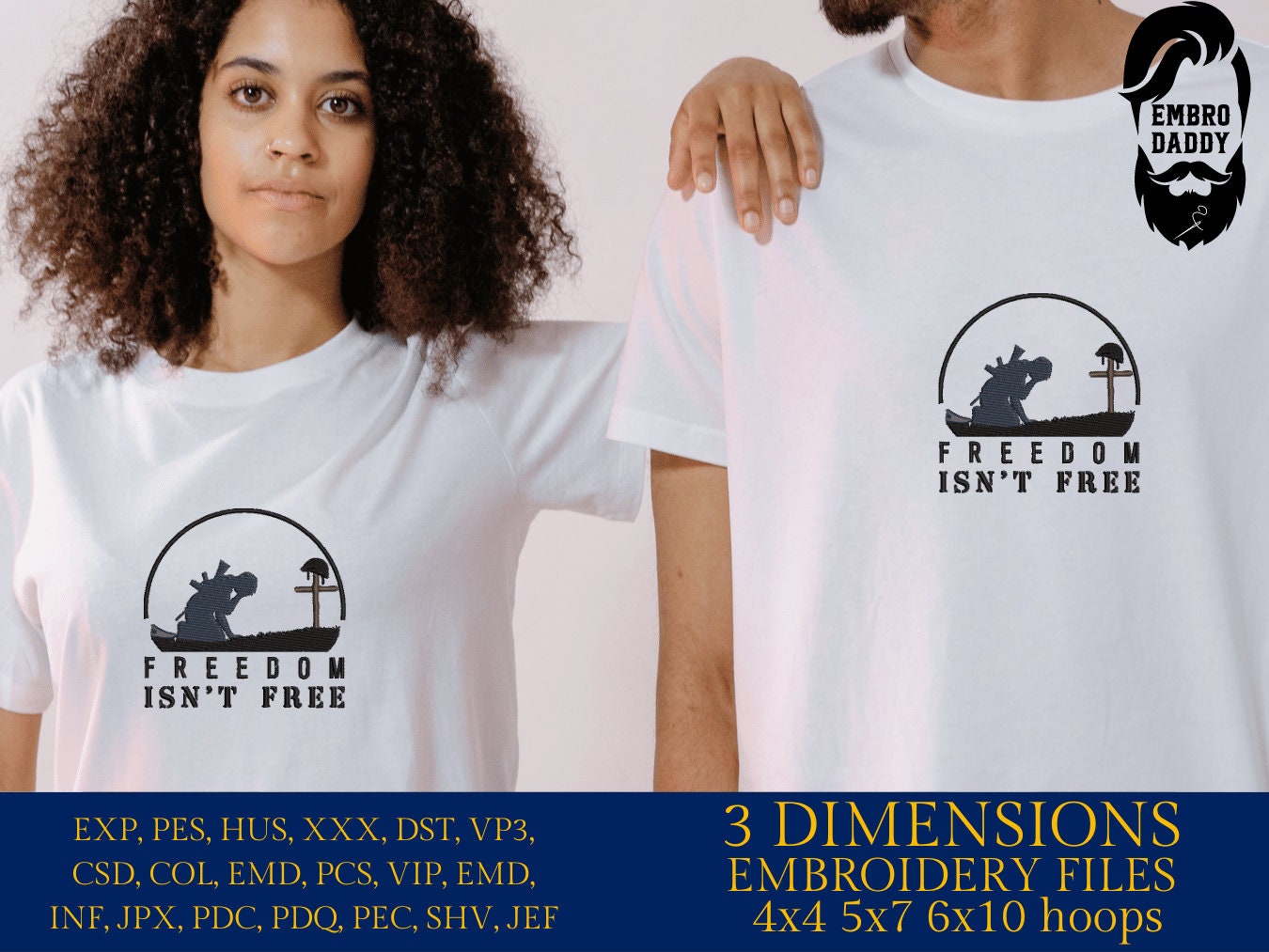 Machine Embroidery files, freedom isn't free, PES, DST, xxx, hus & more