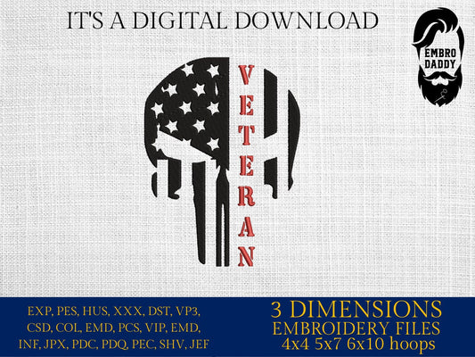 Machine Embroidery files, American Flag, veteran, skull, PES, dst, xxx hus & more