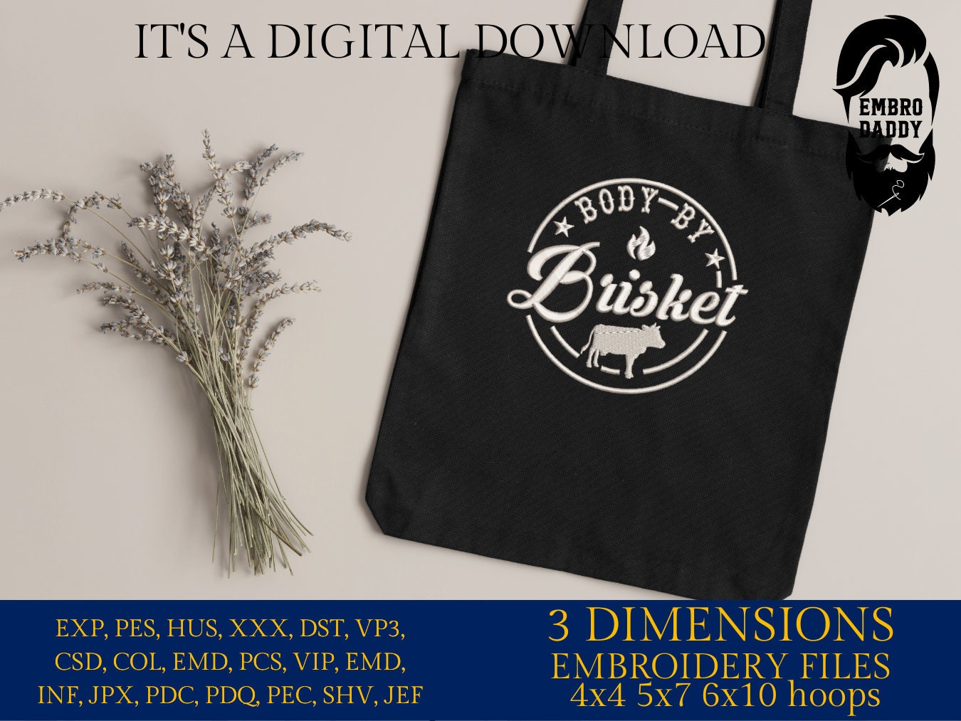 Machine Embroidery files, body by Brisket, BBQ, grill, DST, PES, xxx, hus, & more