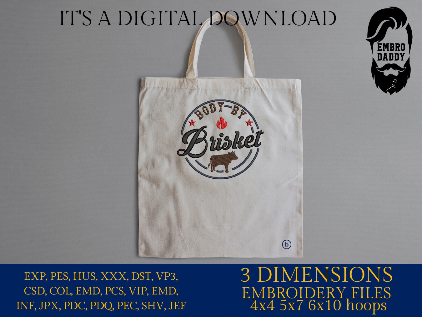 Machine Embroidery files, body by Brisket, BBQ, grill, DST, PES, xxx, hus, & more